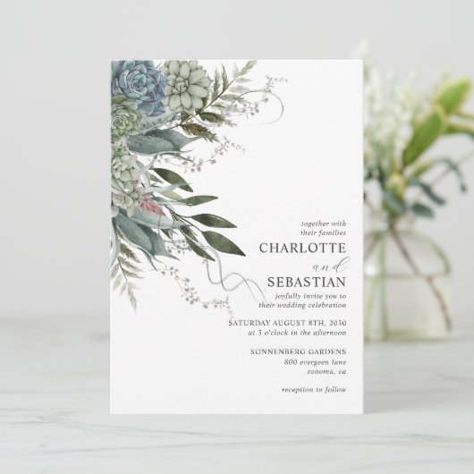 Elegante moderne succulente bloemenbruiloft uitnod kaart (Staand voorkant)