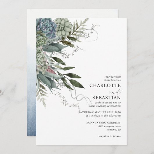 Elegante moderne succulente bloemenbruiloft uitnod kaart (Voorkant / Achterkant)