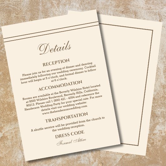 Elegante moderne taupe crème bruiloft details informatiekaartje