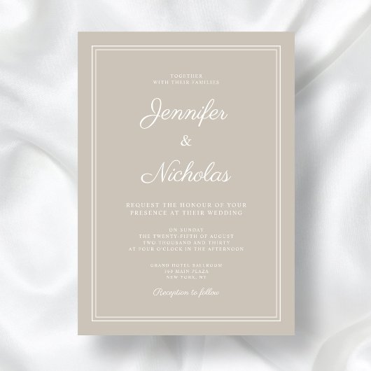 Elegante moderne Taupe Script bruiloft Kaart