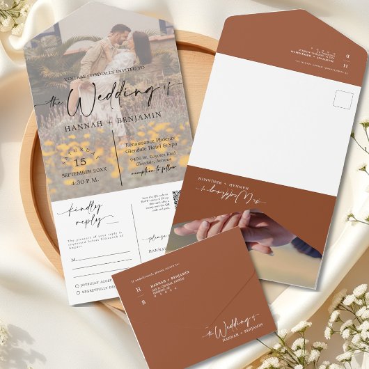 Elegante moderne Terracotta Boho Arch QR Code Foto All In One Uitnodiging