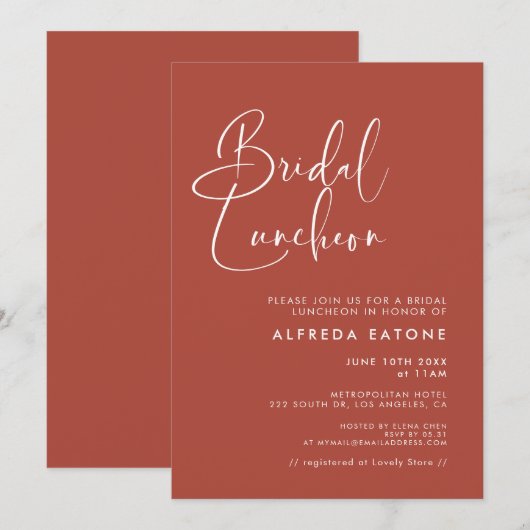 Elegante & moderne terracotta bruids lunch kaart (Voorkant / Achterkant)