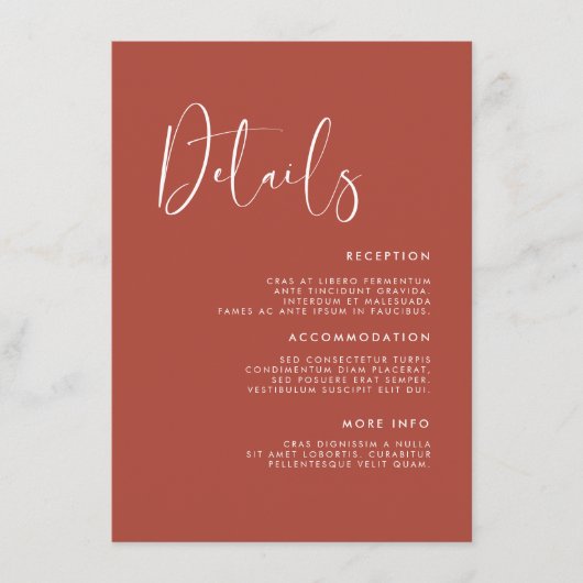 Elegante & moderne Terracotta bruiloft details Informatiekaartje (Voorkant)