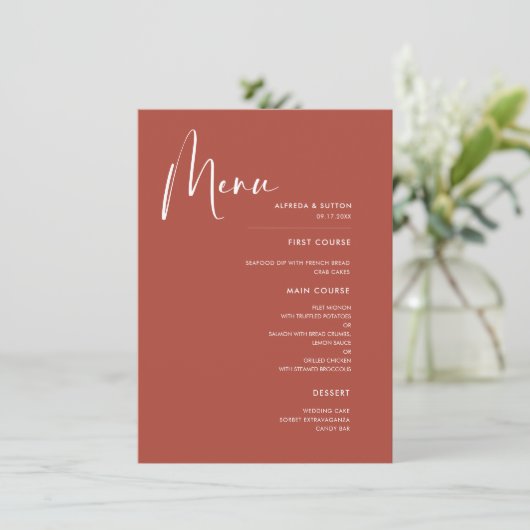 Elegante & moderne Terracotta bruiloft Menu (Staand voorkant)