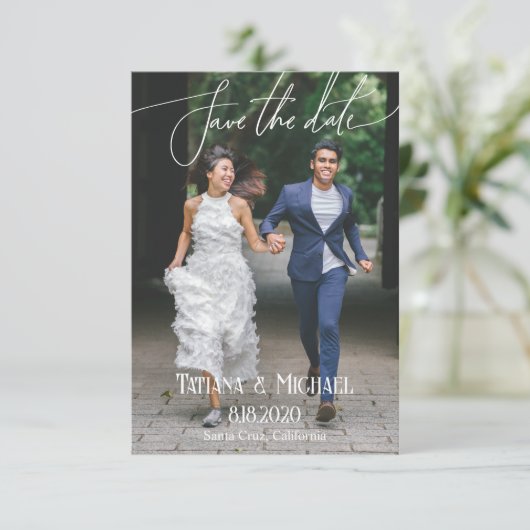 Elegante moderne trouwdag foto script budget save the date (Staand voorkant)