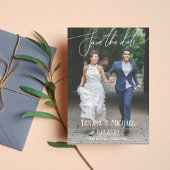 Elegante moderne trouwdag foto script budget save the date