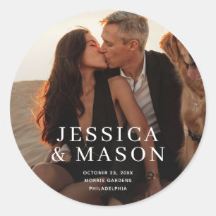 Elegante moderne trouwfoto-stickers ronde sticker