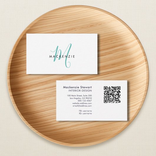 Elegante moderne turquoise script monogram QR-code Visitekaartje