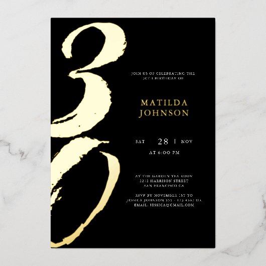 Elegante moderne typografie 30ste verjaardag folie uitnodiging (Voorkant)