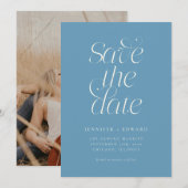 Elegante moderne typografie denimblauwe trouw save the date (Voorkant / Achterkant)