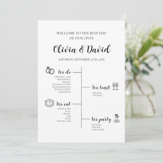 Elegante moderne unieke bruiloft tijdlijn programm kaart (Staand voorkant)