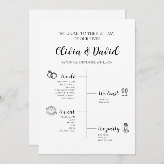 Elegante moderne unieke bruiloft tijdlijn programm kaart (Voorkant / Achterkant)