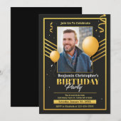 Elegante moderne verjaardag zwart goud fotofeest aankondiging (Voorkant / Achterkant)