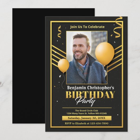 Elegante moderne verjaardag zwart goud fotofeest aankondiging (Voorkant / Achterkant)