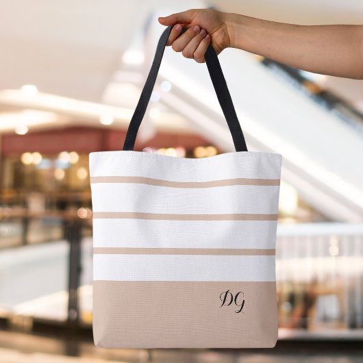 Elegante moderne vette strepen monogram neutraal b tote bag