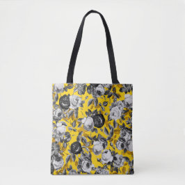 Elegante Moderne Vintage Zwarte Witte Rozen Geel Tote Bag