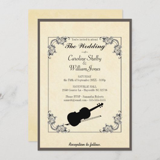 Elegante moderne viool bruiloft uitnodiging (Voorkant / Achterkant)