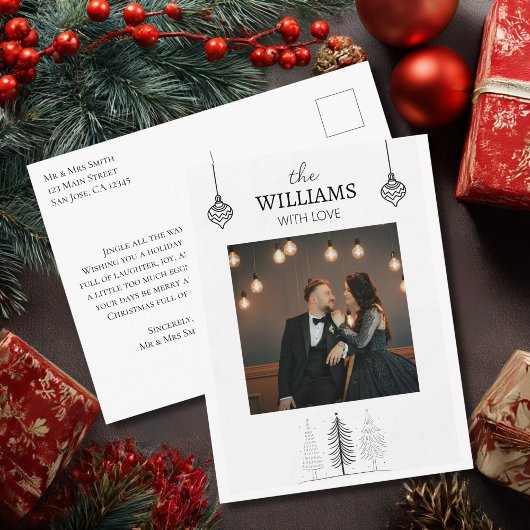 Elegante moderne vrolijke kerstfoto en sneeuwvlokk feestdagenkaart