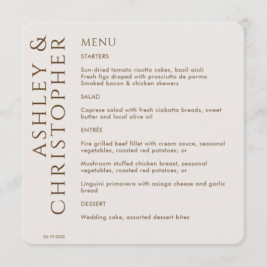 Elegante moderne walnoot bruine bruiloft menu (Voorkant)