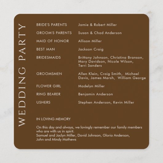 Elegante moderne walnoot bruine bruiloft programmakaart (Achterkant)