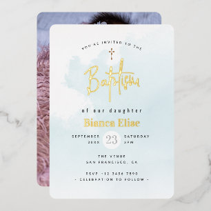 Elegante moderne Waterverf Baby foto doop Folie Uitnodiging