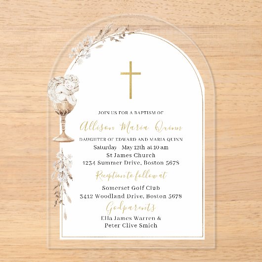 Elegante moderne Waterverf beige engelendoop Acryl Uitnodigingen (Voorkant)