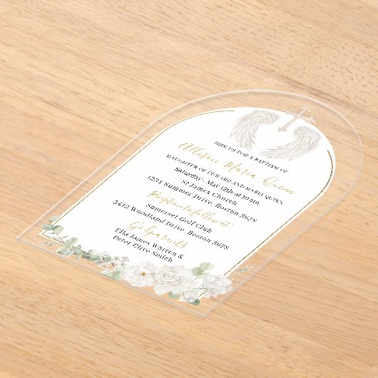 Elegante moderne Waterverf beige engelendoop Invi Acryl Uitnodigingen (Laagn)