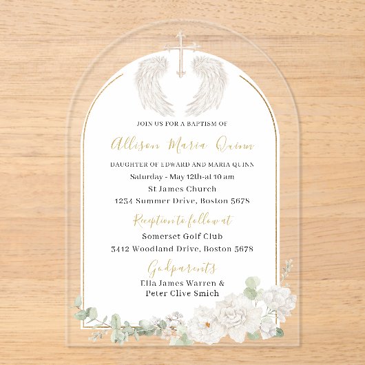 Elegante moderne Waterverf beige engelendoop Invi Acryl Uitnodigingen (Voorkant)