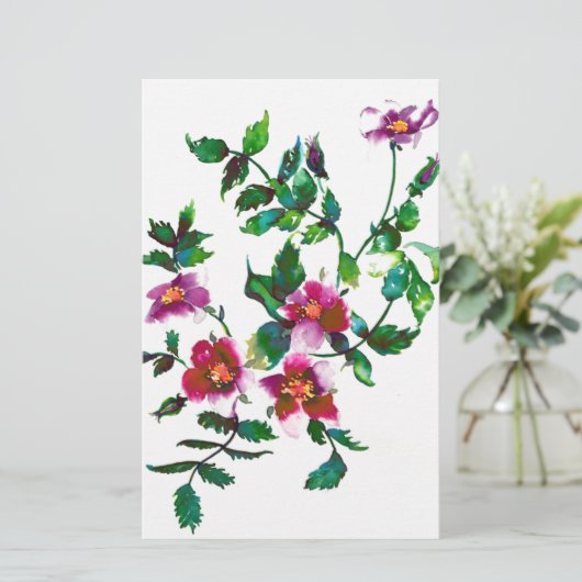 Elegante moderne waterverf donkerroze wilde bloeme briefpapier (Staand voorkant)