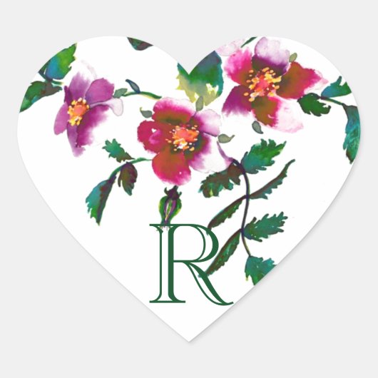 Elegante moderne waterverf donkerroze wilde bloeme hart sticker (Voorkant)