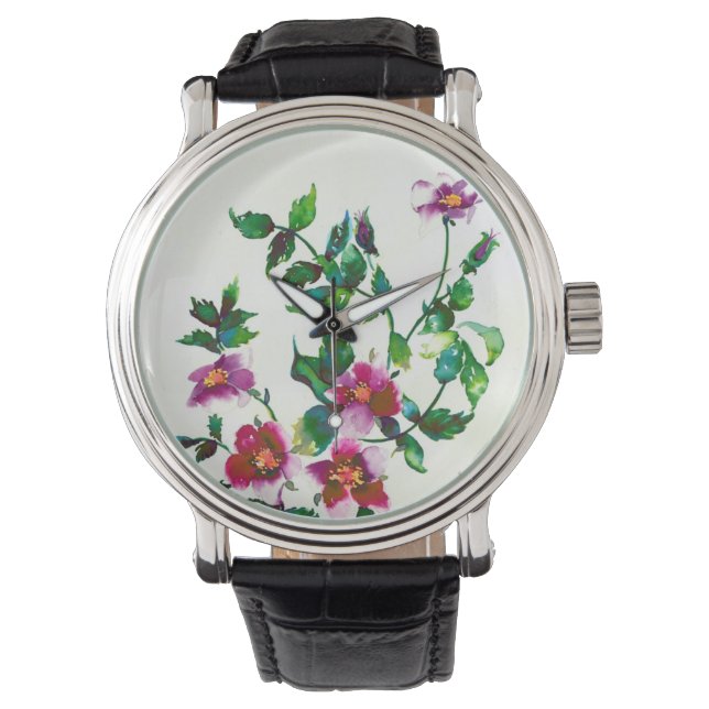 Elegante moderne waterverf donkerroze wilde bloeme horloge (Voorkant)