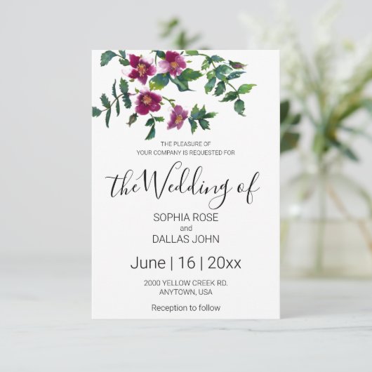 Elegante moderne waterverf donkerroze wilde bloeme kaart (Staand voorkant)