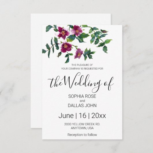 Elegante moderne waterverf donkerroze wilde bloeme kaart (Voorkant / Achterkant)