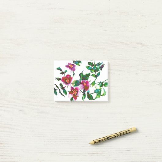 Elegante moderne waterverf donkerroze wilde bloeme post-it® notes (Op bureau)