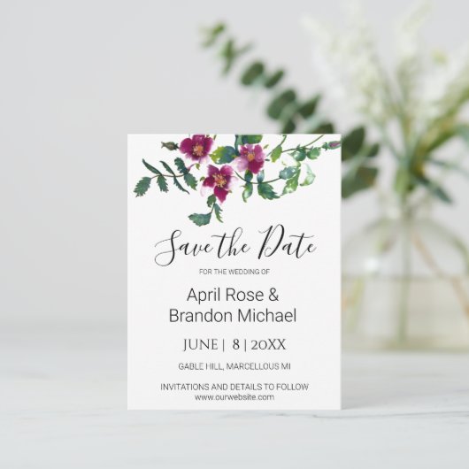 Elegante moderne waterverf donkerroze wilde bloeme save the date (Staand voorkant)