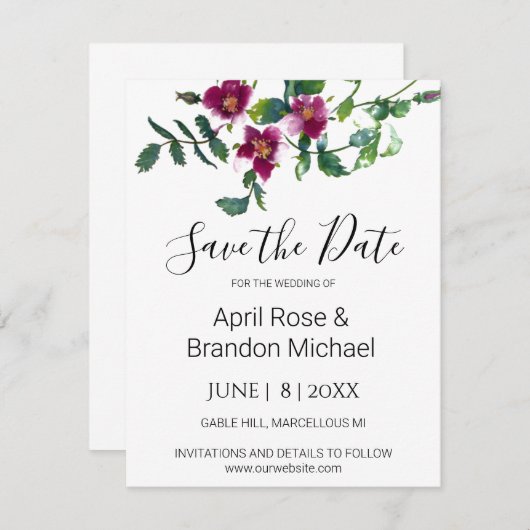 Elegante moderne waterverf donkerroze wilde bloeme save the date (Voorkant / Achterkant)