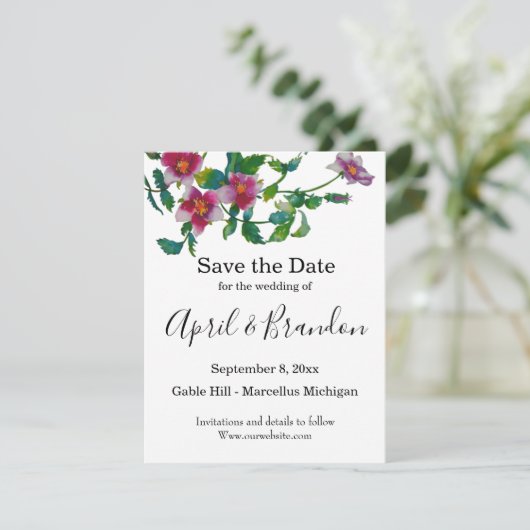Elegante moderne waterverf donkerroze wilde bloeme save the date (Staand voorkant)