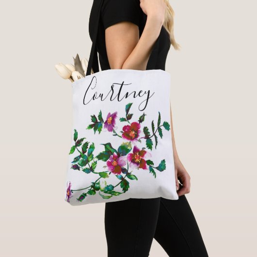 Elegante moderne waterverf donkerroze wilde bloeme tote bag (Dichtbij)