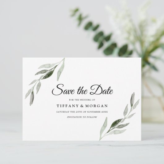 Elegante moderne waterverf groene blad bruiloft save the date (Staand voorkant)