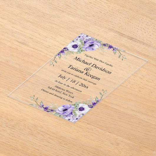 Elegante moderne waterverf paarse bloemenbruiloft acryl uitnodigingen (Laagn)