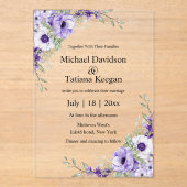 Elegante moderne waterverf paarse bloemenbruiloft acryl uitnodigingen (Voorkant)