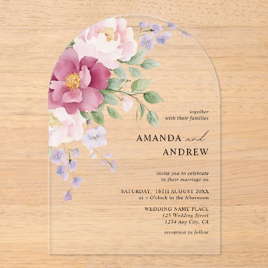 Elegante moderne Waterverf pioenrozen bruiloft Acryl Uitnodigingen (Voorkant)