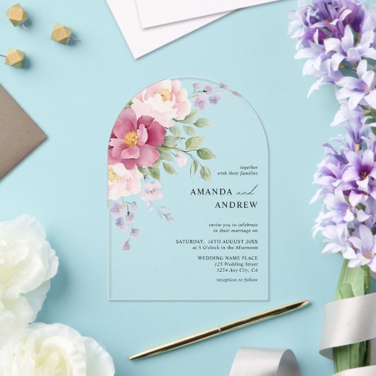 Elegante moderne Waterverf pioenrozen bruiloft Acryl Uitnodigingen (Insitu (Huwelijk))