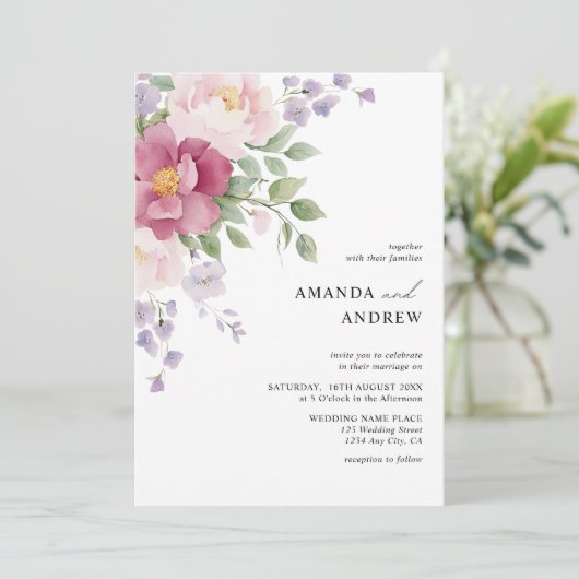 Elegante moderne waterverf pioenrozen bruiloft kaart (Staand voorkant)