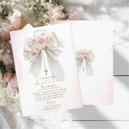 Elegante Moderne Waterverf Roze Strik Doopkruis Kaart