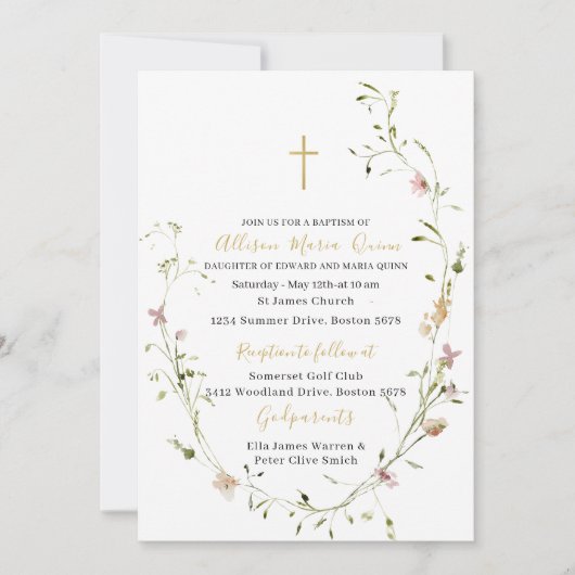 Elegante moderne Waterverf Wildbloemen Doop Kaart (Voorkant)