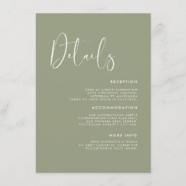 Elegante & moderne wijze groene bruiloft details informatiekaartje