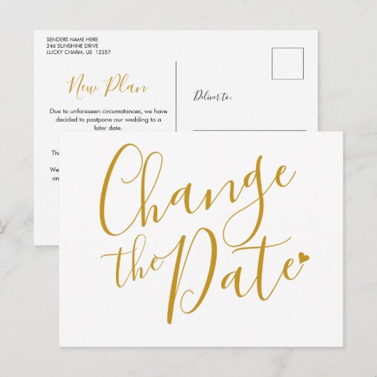Elegante moderne wijzig de datum goud script briefkaart (Voorkant / Achterkant)