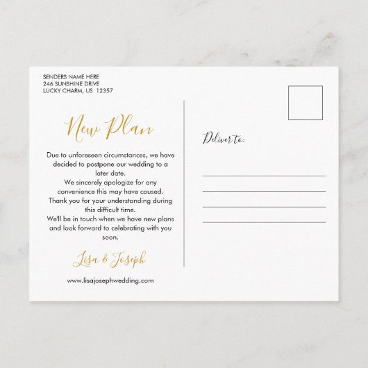 Elegante moderne wijzig de datum goud script briefkaart (Achterkant)