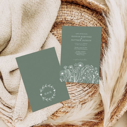 Elegante Moderne Wildbloemen Sage Groene Bruiloft Kaart